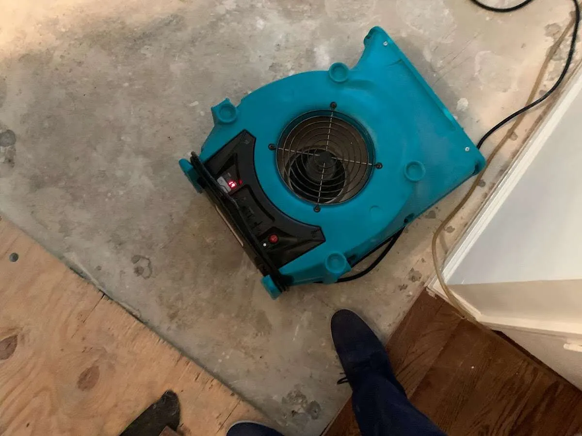 Air mover drying subfloor during Leak Detection & Repair in Clanton